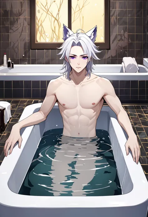 create panel in the art style of mo dao zu shi hybrid character with wolf ears,masculine and dominant gender, short wolfcut white hair , purple raven iris eyes,pale skin, inside a large public bathtub with naked water, bored expression and slim defined bod...