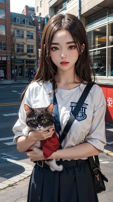 (Highest quality, masterpiece:1.2), pressure, (1 High school girl), Cat in the face, Giant, Building Sheet, Make the city smaller。 Depth of written boundary, High resolution, 超High resolution, 8K, Very detailed, Realistic, Sun light, The uniform&#39;s plea...