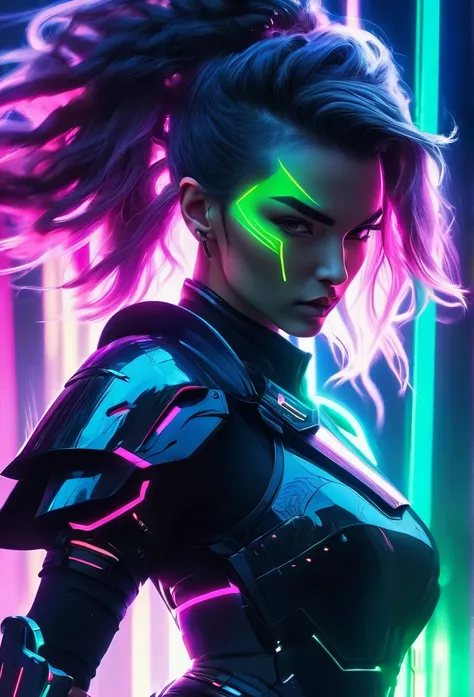 close-up of a woman with a sword against a dark background, cyberpunk, neon colors, northern lights, neon armor, hq 4k, lightly ...