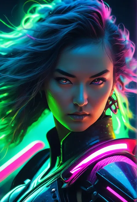 close-up of a woman with a sword against a dark background, cyberpunk, Neon colors, Northern Lights, Neon armor, HQ 4K, lightly dressed