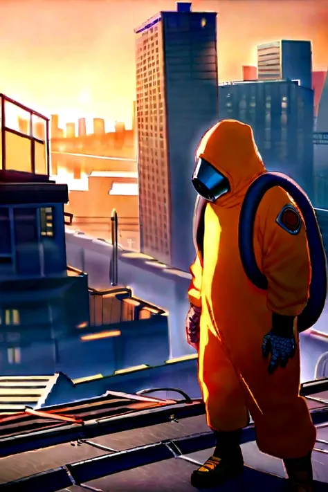 Gordon Freeman looks at a large blue building with tentacles extending from it, Wearing a hazmat suit, Orange background with sunset and destroyed city