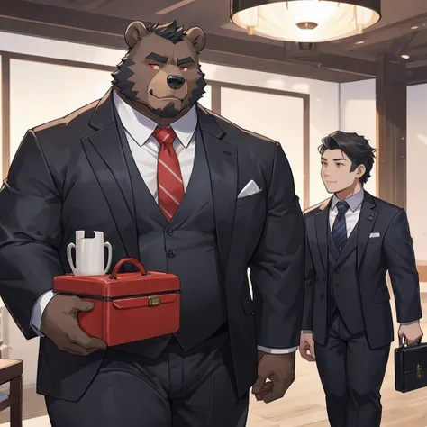 黑Bear兽人，entrepreneur，Appearance of the listed group boss（Including appearance and figure）：Bear，height 188cm，Weight 160 kg，Thick black hair，Red eyes，Strong physique，Small belly，fat，Full of male hormones。He usually wears a suit and tie.，Wearing a tie，Carryin...