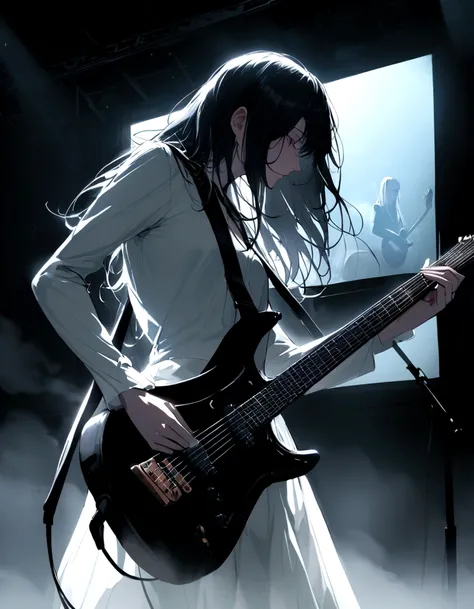 rock band. Caucasian guitarist, thin, Very long black hair, Passion for black and white electric guitars. Perform on a professional, lighted stage, mist, screen & inflammation. Surreal , Professional Lighting,