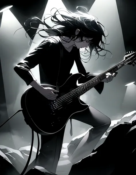 rock band. Caucasian guitarist, thin, Very long black hair, Passion for black and white electric guitars. Perform on a professional, lighted stage, mist, screen & inflammation. Surreal , Professional Lighting,