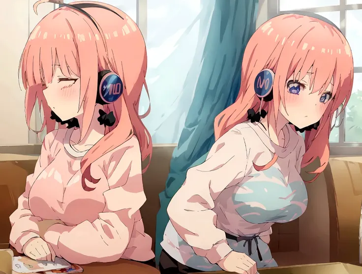 anime girl wearing headphones and looking out the window at the city, large room with big windows, light pink long hair, lo-fi g...