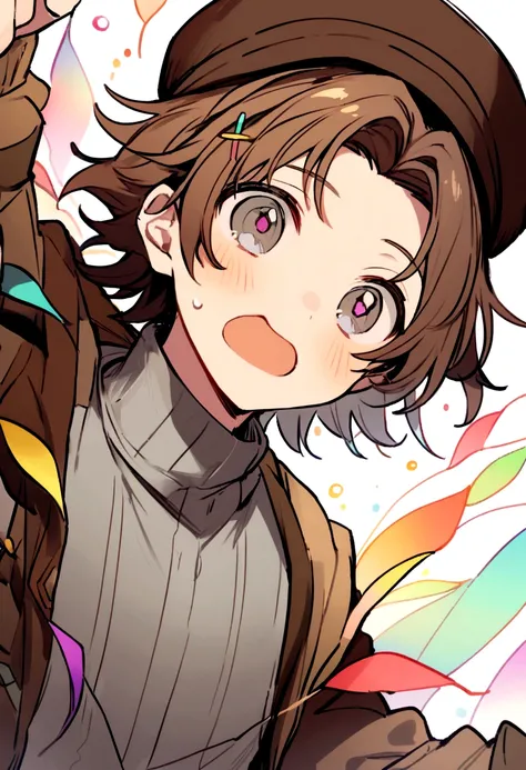 a male childish anime boy with black and brown stripped hair colors, his bang is covered his forehead and he has a messy styled hair, and theres normal and star shaped hairpin on his hair he wears white and brown colored hat and on his hat theres a rainbow...