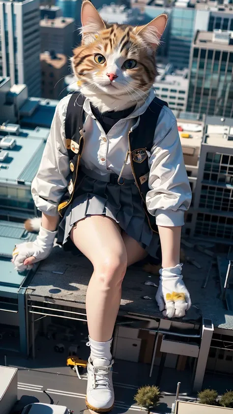 (Highest quality, masterpiece:1.2), pressure, 1 High school girl, Cat in the face, Super giant, Building Sheet, Make the city smaller, Depth of written boundary, High resolution, 超High resolution, 8K, Very detailed, Realistic, Sun light, Pleated skirt unif...