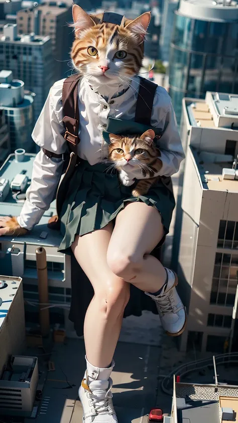 (Highest quality, masterpiece:1.2), pressure, 1 High school girl, Cat in the face, Super giant, Building Sheet, Make the city smaller, Depth of written boundary, High resolution, 超High resolution, 8K, Very detailed, Realistic, Sun light, Pleated skirt unif...