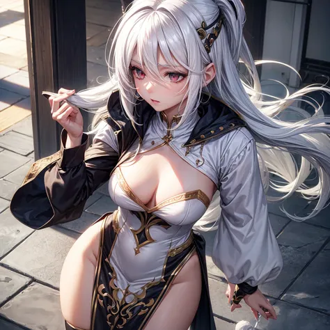 create a female character, white  hair, breasts small, thin and blindfolded