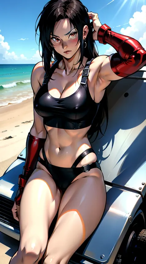 アニメ cel-shading Tifa Lockhart, red eyes, bikini, on the beach in ((anime + manga + comics + cartoon) style) 