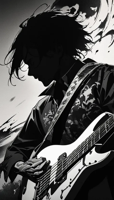 Monochrome image style combining silhouettes, Shadow and ink painting, Cool and beautiful rock guitarist, Portrait of a man playing guitar, Highest quality, Super quality, Very detailed, delicate and dynamic