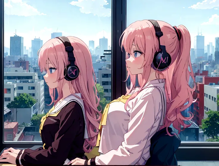 anime girl wearing headphones and looking out the window at the city, large room with big windows, light pink long hair, lo-fi g...