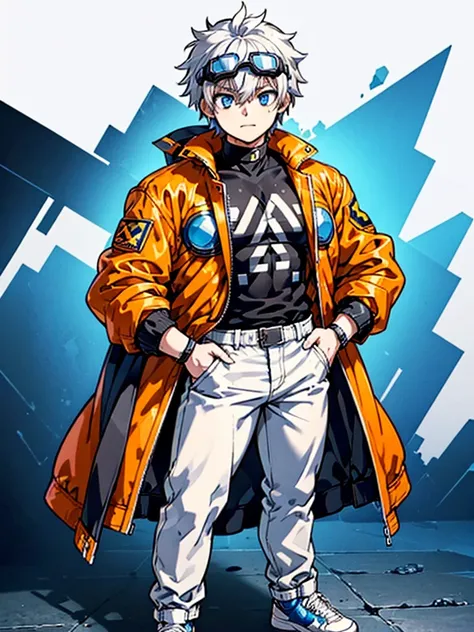 1boy, solo, blue eyes, (detailed eyes), white hair, hair between eyes, (goggles in his head), (waterproof jacket), large jacket, (orange jacket), black tight sleeveless shirt, pants, gray pants, standing, (hands in pockets), (((Closed jacket))), upper body...