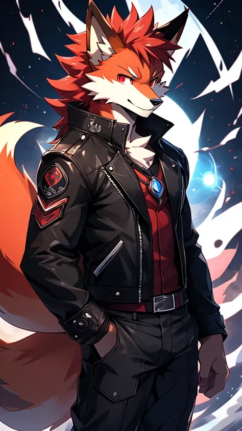 Firefox, male,Dark Emerald Hair， (detailed), Fluffy, Solitary, Meticulous and pragmatic, Exquisite eyes(( Black and red eyes)),，He was wearing a white pair， Standing ，leather jacket，Ghost warriors，Tactical pants , HD 4k 星际Firefox, He searched, 星际Firefox, m...