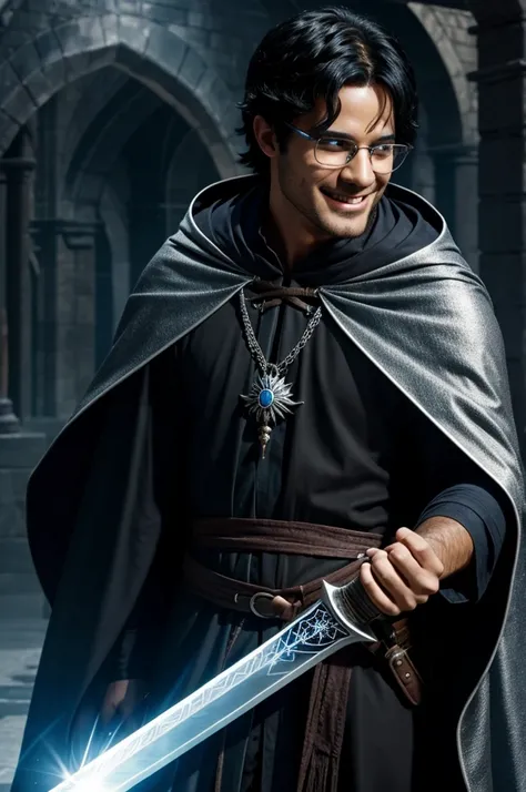 Glasses, black hair, smile, cloak, magic, silver sword, blue eyes, wizard