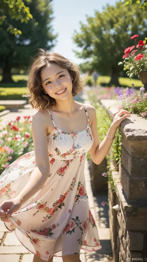 masterpiece, highest quality, disorganized, perfect anatomy, 1 girl, alone, pascal tales, short hair, beautiful, Hilarious, sunny day, botanical garden, Summer winds, sundress, Floral, wavy hair, smile