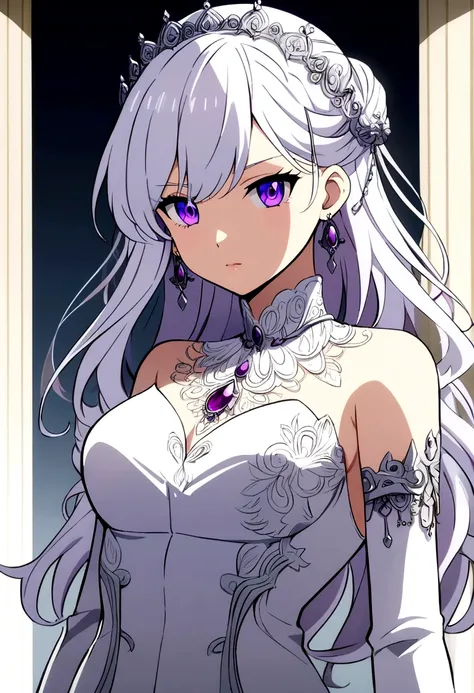  anime style ,purple eyes and silver hair 