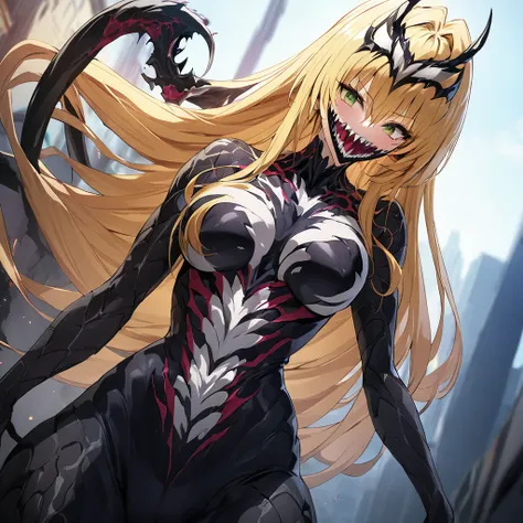 ((Highest quality)), ((masterpiece)), (detailed), （Perfect Face）、The female Venom is Tearju, a green-eyed, blonde, medium-long-haired female Venom, whose body has been completely transformed into Venom, wearing a Venom suit that fits her whole body and a V...