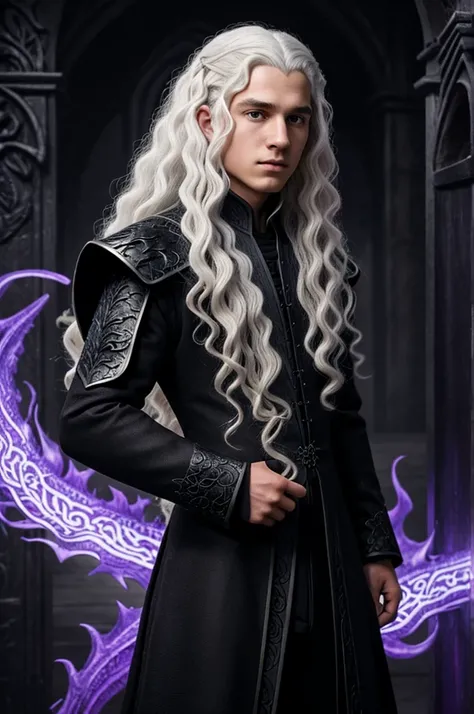 A handsome boy 14 years old with a long curly white hair and he wear a black dragon suit with a name Chraenerys Targaryen in his suit and the background a fully violet black dragon