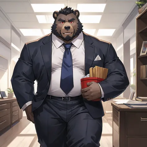 黑Bear兽人，entrepreneur，Boss of listed group ，Bear，height 188cm，Weight 160 kg，Thick black hair，Red eyes，Strong physique，Small belly，fat，Bucket waist，被Small belly顶的松垮的皮腰带，Full of male hormones。He usually wears a suit and tie.，Wearing a tie，Carrying a briefcase...