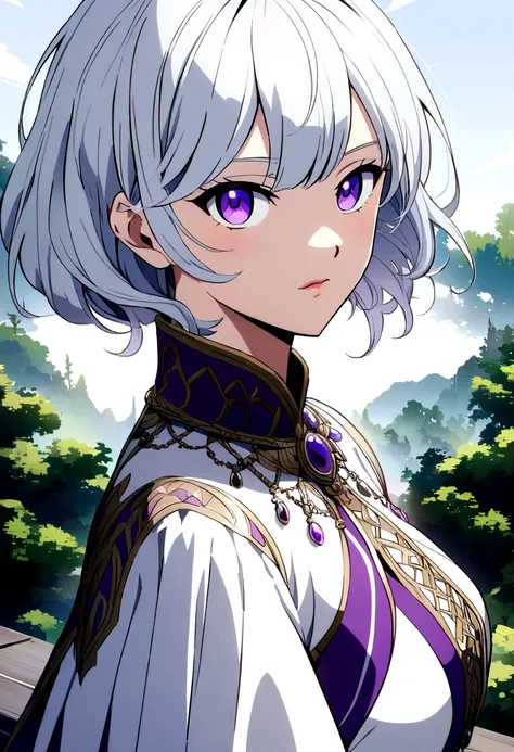  anime style ,purple eyes and silver hair 