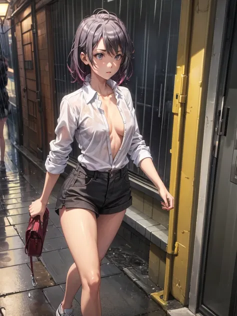 Girl, Unbuttoned shirt on a naked body, Bare breasts, chest visible, street  background, openlegs, Narrow passage between houses, night, rain, slim body, In full growth, Sneakers 