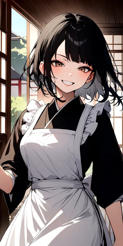 A woman wearing a white apron holding a knife with a manic smile. Short black hair inside a Japanese style house. 