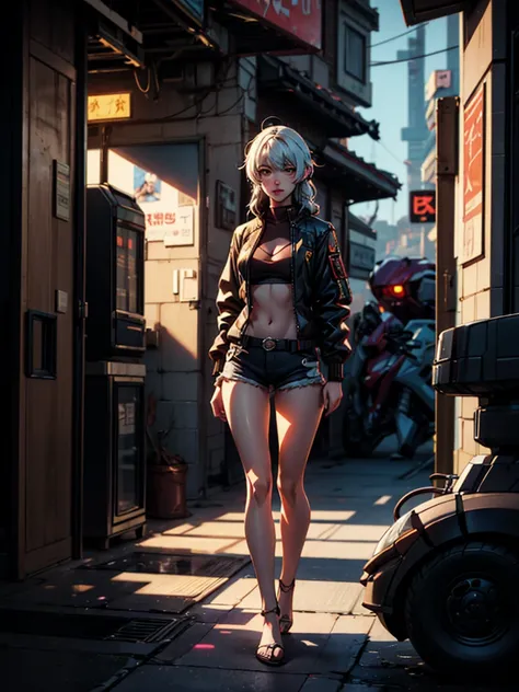 Boutique,best quality,Gold jewelry,(slip out feet),Fairy skin,(Fidelity :1.2),Standing,Super Detailed,realistic,High quality,Movie Light,Ray tracking,Ultra HD,Upper body
Girl in shorts and jacket standing next to giant robot, Guweiz style artwork, CyberPun...