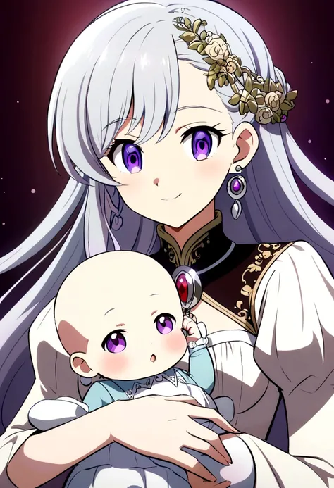  anime style ,purple eyes and silver hair (tender baby )