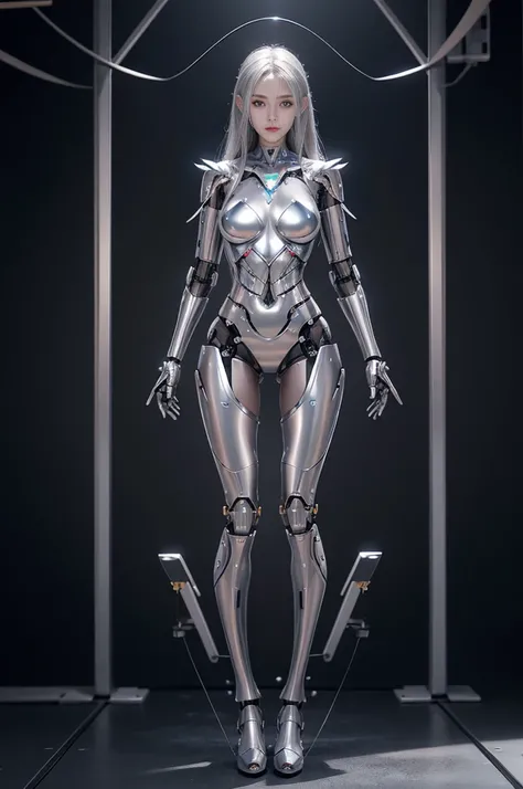 female robot, skin part is only face, silver metal skin, full metal robot body, mechanical parts, electronic wire, cum in pussy, high quality, medium breasts, long hair, tall, thigh gap, full body metal skin, wet, cum in pussy, metallic tits, separated bre...