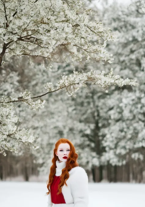 A woman standing in front of a white tree on the snow watching with a white dress red hair red eyes black painted lips pale skin 