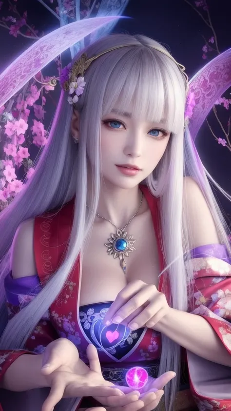 (masterpiece, top quality, 1 female, solo, exquisite details, chromatic aberration), (realistic), (skin), ((breathing)), (silver hair, blunt bangs, cropped straight long hair, short bangs, silver hair), beautiful hair, red headdress, highlights, hair on on...