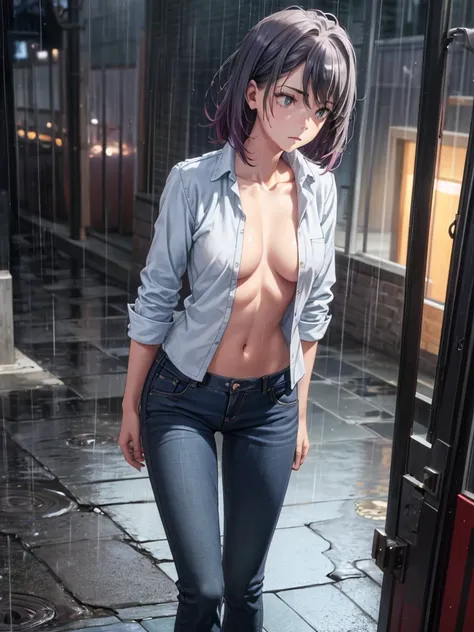 Girl, tight light blue jeans, Unbuttoned shirt on a naked body, Bare breasts, chest visible, street  background, Narrow passage between houses, night, rain, slim body, In full growth, Sneakers 