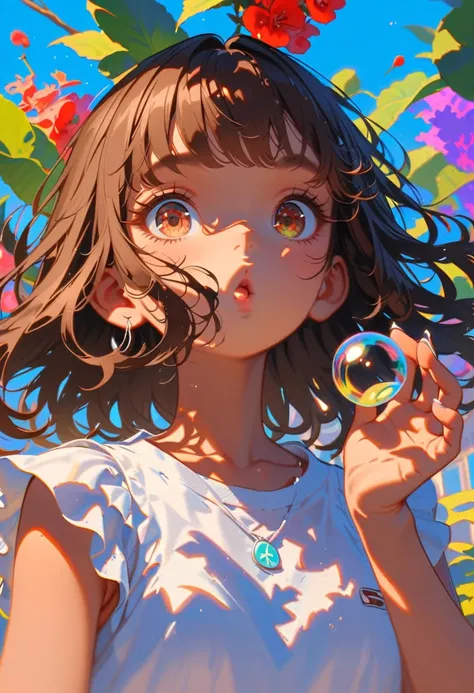 style 9, 1 girl, dark chestnut, brown eyes, brunette complexion, blowing bubbles