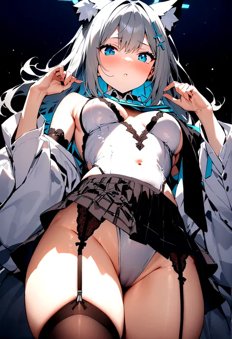 Browsing Caution,masterpiece,Highest quality,High resolution,Very detailed,One Girl, Shiroko (Blue Archive)、Blue eyes、Grey Hair、Medium-long hair、Wolf Ears、White leotard,High Leg,Removable sleeves,Micro Mini Skirt,garter belt,Brothel,Brothel,Embarrassing,A ...