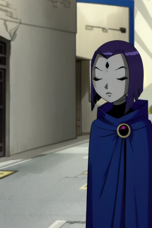 raven, 1girl, solo, closed eyes, purple hair, short hair, colored skin, forehead jewel, blue cape, blue cloak, best quality, masterpiece,