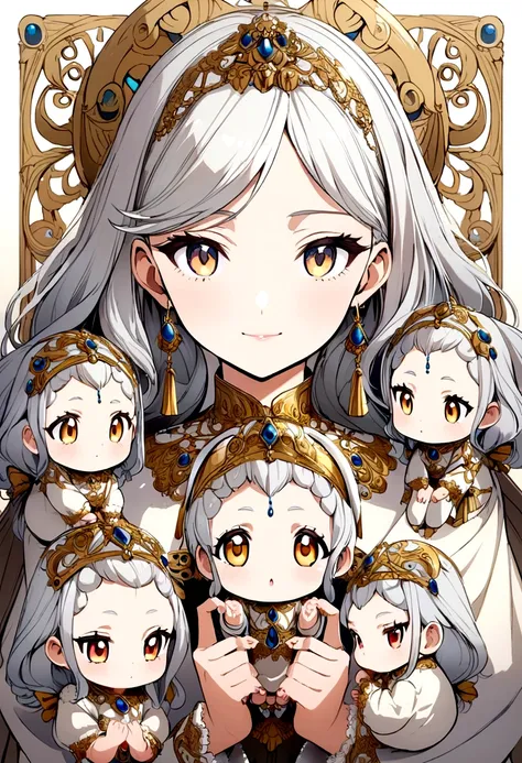 anime style woman ,silver hair golden eyes ,with five tender and adorable silver-haired babies 