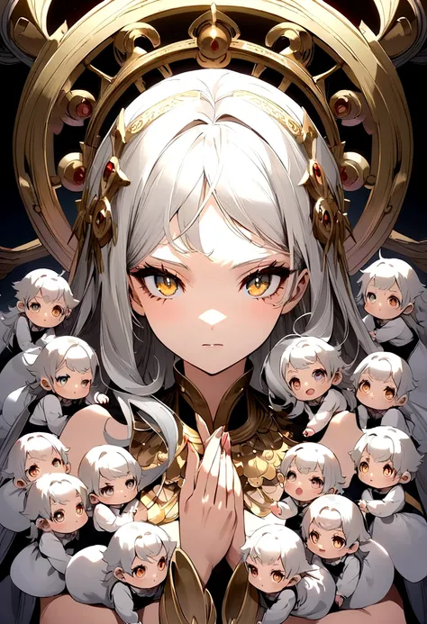 anime style woman ,silver hair golden eyes ,with five tender and adorable silver-haired babies 