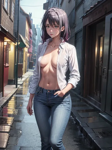 Girl, tight light blue jeans, Unbuttoned shirt on a naked body, Bare breasts, chest visible, street  background, Narrow passage between houses, night, rain, slim body, In full growth, Sneakers 