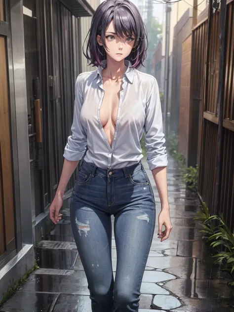 Girl, tight light blue jeans, Unbuttoned shirt on a naked body, Bare breasts, chest visible, street  background, Narrow passage between houses, night, rain, slim body, In full growth, Sneakers 