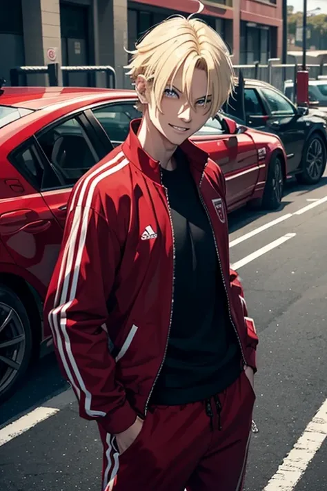 Male,blonde hair,red tracksuit,mad grin,holds cursed katanas,parking lot background,engulfed in dark energy