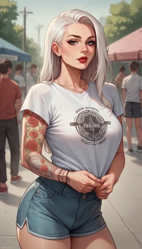 Reality, high resolution, 1 female, Mature female, Solitary, Hips up, Jewelry, Tattoo, Streetwear, t-shirt, White hair, shorts, cosmetic, Red lips