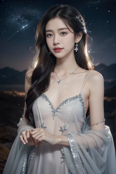 (((best quality))),(((ultra detailed))),(((masterpiece))),illustration,((A beautiful female astrologer,solo)),((slim,thin)),((small breasts,flat chest)),((shoulder length straight hair)),(laughing:1.2),(earrings,necklace),(sparkled sheer dress:1.3),standin...