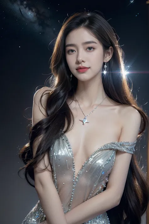 (((best quality))),(((ultra detailed))),(((masterpiece))),illustration,((A beautiful female astrologer,solo)),((slim,thin)),((small breasts,flat chest)),((shoulder length straight hair)),(laughing:1.2),(earrings,necklace),(sparkled sheer dress:1.3),standin...