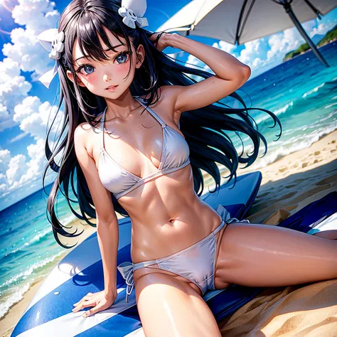 Tokidoki Bosotto on the beach with a white bikini