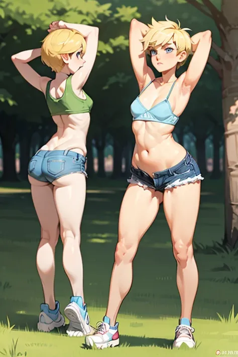 in a park, short pixie cut, blonde, blue eyes., tying her hair, ((small breasts, armpits)), sneakers, (((full body view))), daisy dukes, bralette, beautiful face, thick eyebrows, tomboyish, thick thighs, fat ass