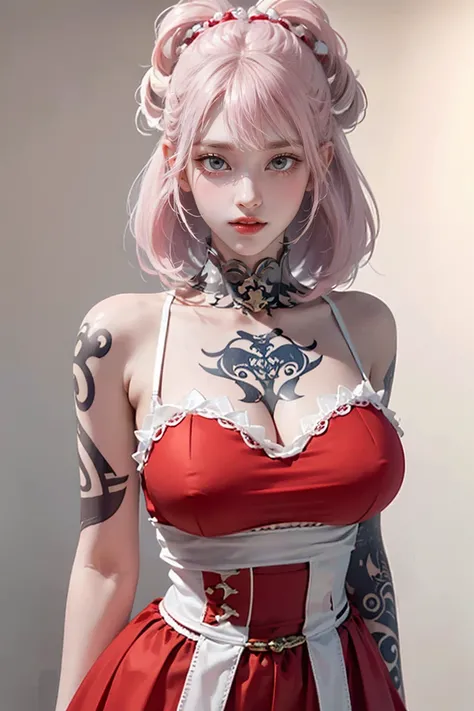 (Chest puffing pose),(Random Hairstyles),(Best image quality,(8K),Ultra-realistic,最high quality, high quality, High resolution, high quality,Attention to detail, White-pink hair, blue eyes, Red dress,(((Tight waist))), ((Big Breasts)),(See-through),(((He h...