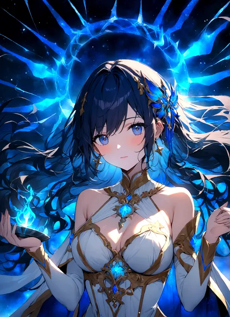 A masterpiece of excellent quality，Beautiful woman in exquisite clothing, Majestic goddess，Holding a large exquisite pot，Greek goddess，Aquarius，Stars，Surrounded by floating rings， (Blue Energy), Galaxy Elements，celestial ambiance, Dark blue hair, mystery