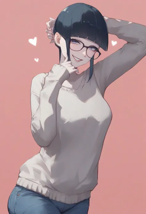 score_9, score_8_up, score_7_up, score_6_up, score_5_up, score_4_up, BREAK source_anime,rating_risky,a girl, curvy, pale skin, glasses. wearing cardigan and jeans, motherly smile, hime-cut hair, hearts in background, medium breasts,