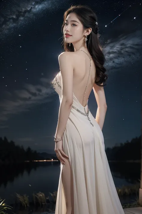 (((best quality))),(((ultra detailed))),(((masterpiece))),illustration,((A beautiful female astrologer,solo)),((slim,thin)),((bare back,towering hips,butt crack)),((shoulder length straight hair)),(laughing:1.2),(earrings,necklace),(sparkled sheer dress:1....